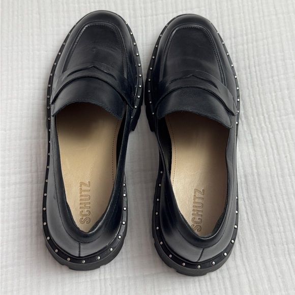 Schutz Christie Studs Black Leather Chunky Y2K Loafers Size 10 Retro - Picture 9 of 13